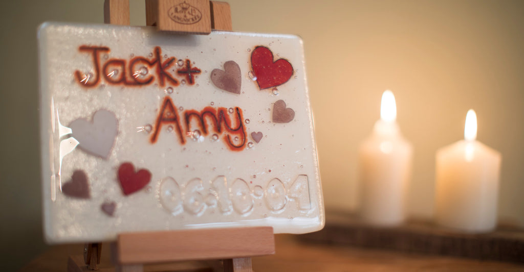 Well Made Stuff Celebrate someone special. Give a unique gift with our personalised fused art glass panels - hearts and candles - for a wedding or anniversary.