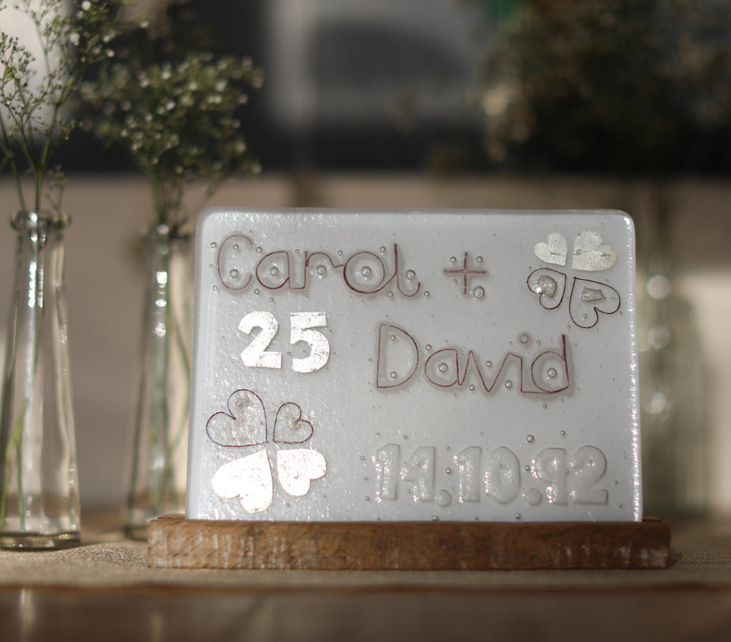 25th Silver Wedding Anniversary Personalised Glass Panel 200 x 150mm size on table