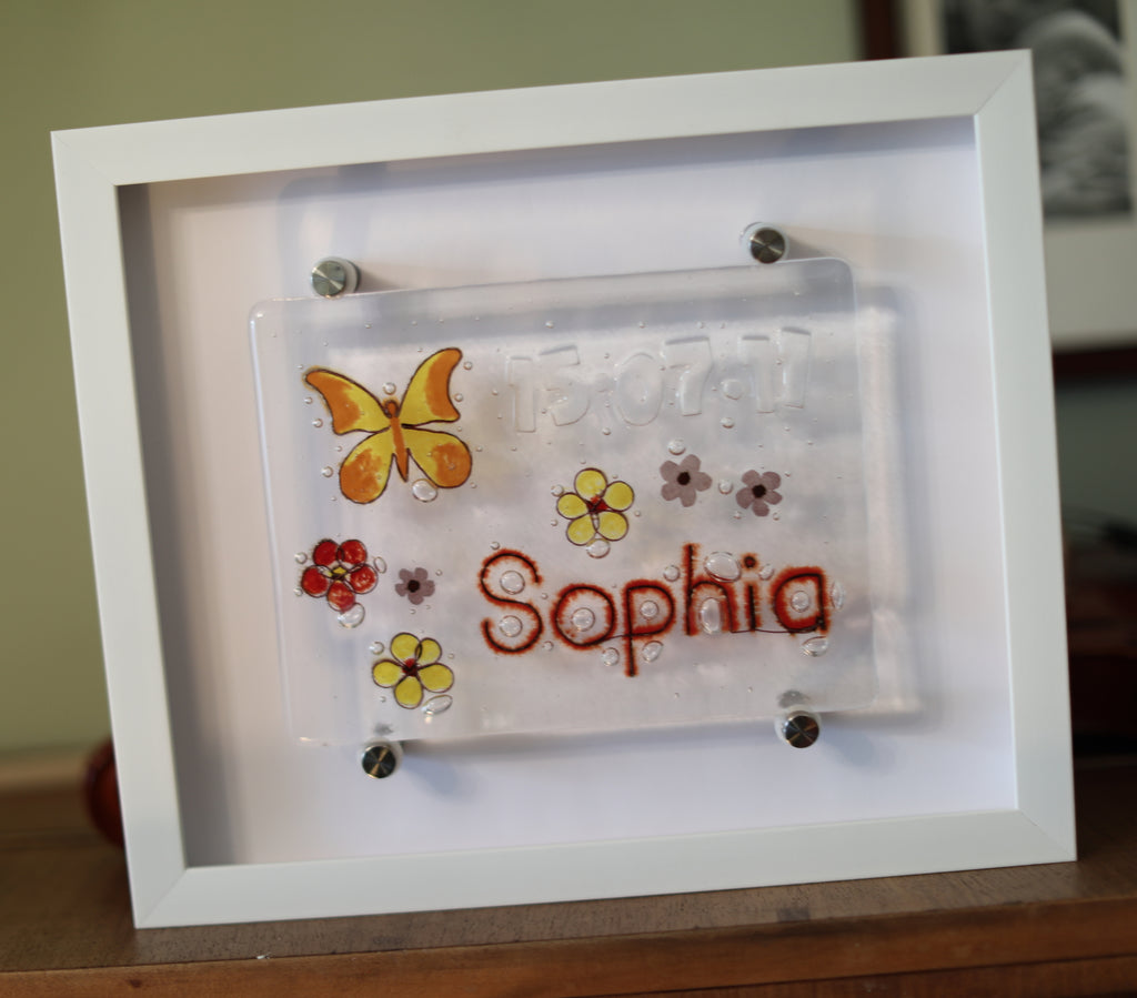 Butterfly and Flowers Design Personalised Life Event (eg birthday) Glass Panel 200 x 150mm size in frame