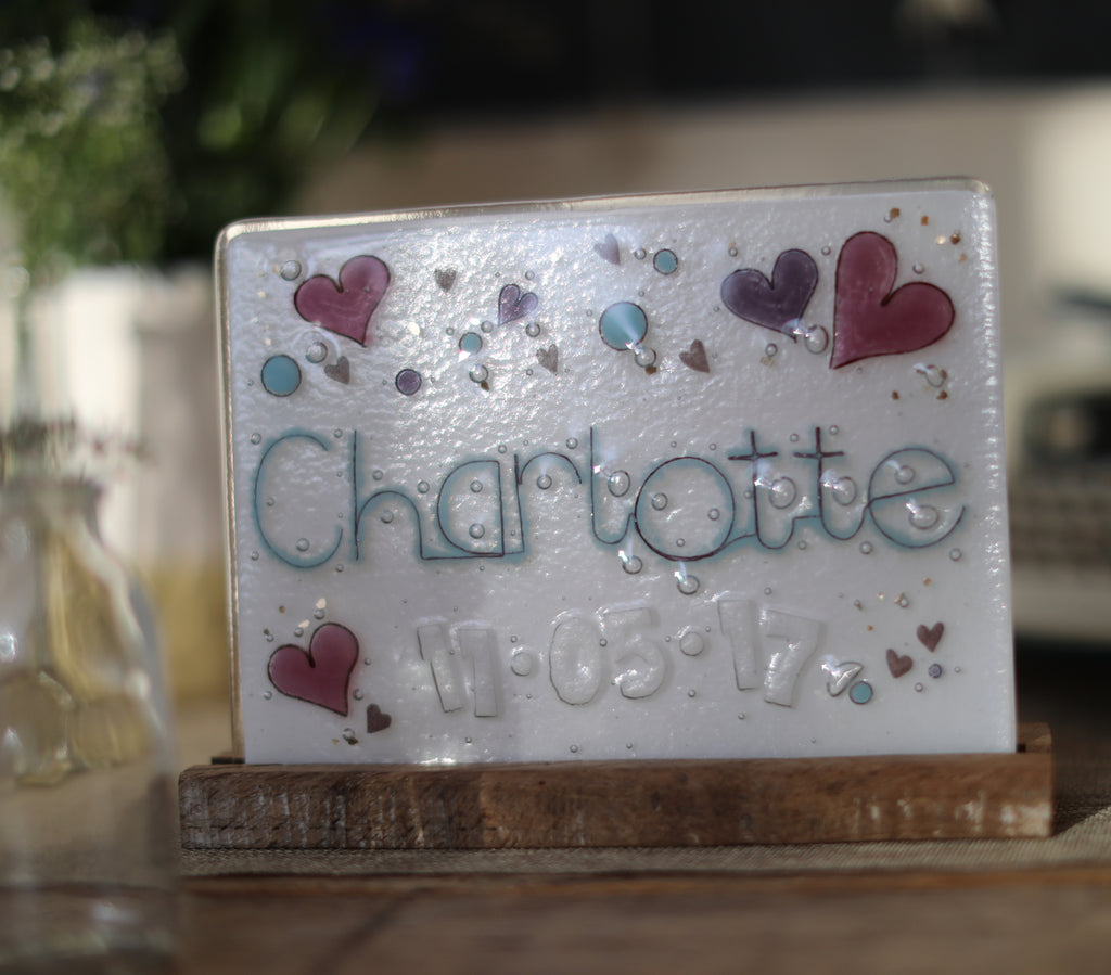 Hearts Design Personalised Couples Life Event (eg wedding) Glass Panel 200 x 150mm size in use on table