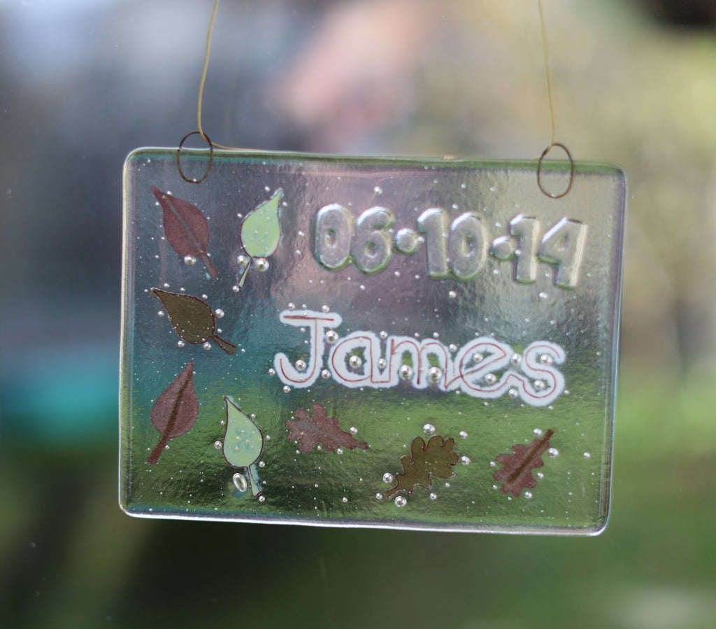 Leaves Design Personalised Life Event (eg birthday) Glass Panel 200 x 150mm size in window