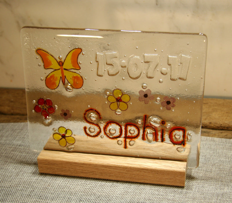 Butterfly and Flowers Design Personalised Life Event (eg birthday) Glass Panel 200 x 150mm size