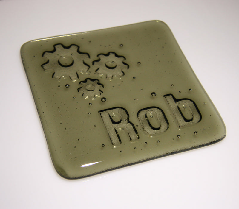 Well Made Stuff - Handmade fused art glass personalised honour coaster - Cogs - Oregon Grey