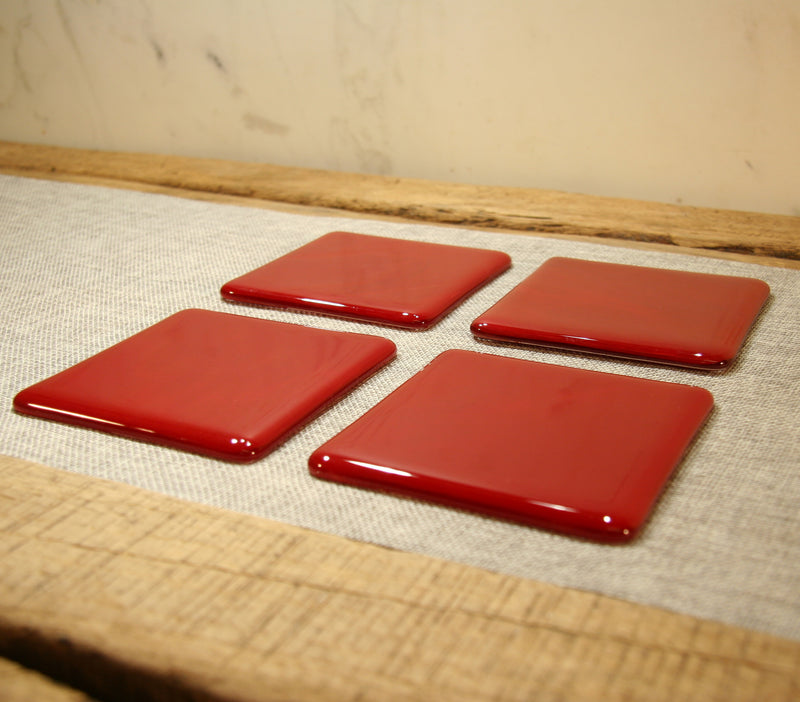 Deep red opal fused art glass coaster 100x100mm size