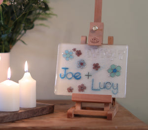 Flowers Design Personalised Couples Life Event (eg wedding) Glass Panel 200 x 150mm size on easel