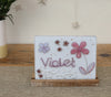 Flowers Design Personalised Life Event (eg birthday) Glass Panel 200 x 150mm size in use on table