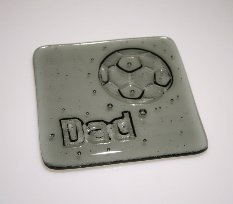 Well Made Stuff - Handmade fused art glass personalised honour coaster - Football - Light Silver Grey Transparent Glass