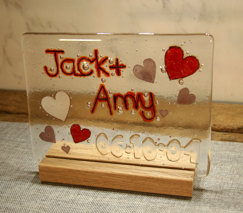 Hearts Design Personalised Couples Life Event (eg wedding) Glass Panel 200 x 150mm size