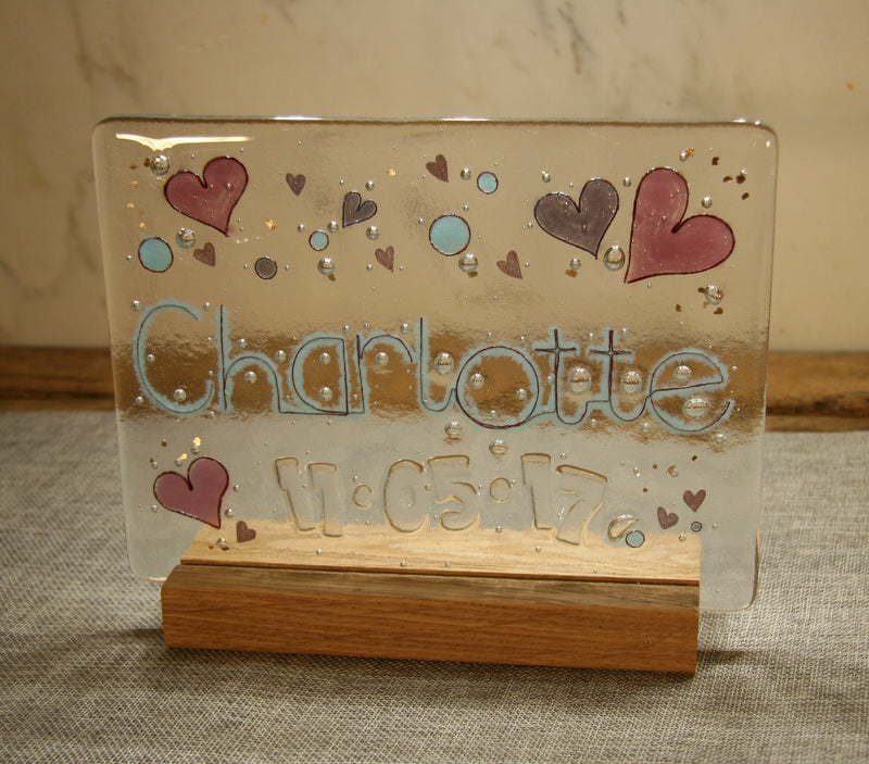 Hearts Design Personalised Life Event (eg birthday) Glass Panel 200 x 150mm size