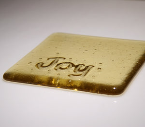 Well Made Stuff - Handmade Light Amber Transparent colour fused art glass Inspirational Joy Coaster - perfect as a gift or something for your home - really special message