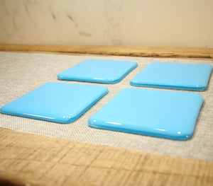 Light Cyan blue opal fused art glass coaster 100x100mm size angled view