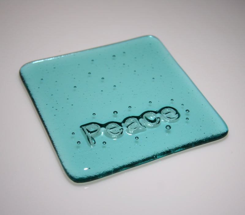 Well Made Stuff - Handmade Light Aquamarine Blue Transparent colour fused art glass Inspirational Peace Coaster - perfect as a gift or something for your home - deep shalom