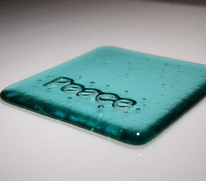 Well Made Stuff - Handmade Light Aquamarine Blue Transparent colour fused art glass Inspirational Peace Coaster - perfect as a gift or something for your home - deep shalom