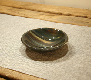 Petrified wood fused art glass bowl 125mm size perspective view