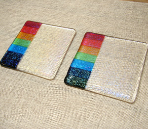 Rainbow design clear iridescent fused art glass coaster 100x100mm size side by side
