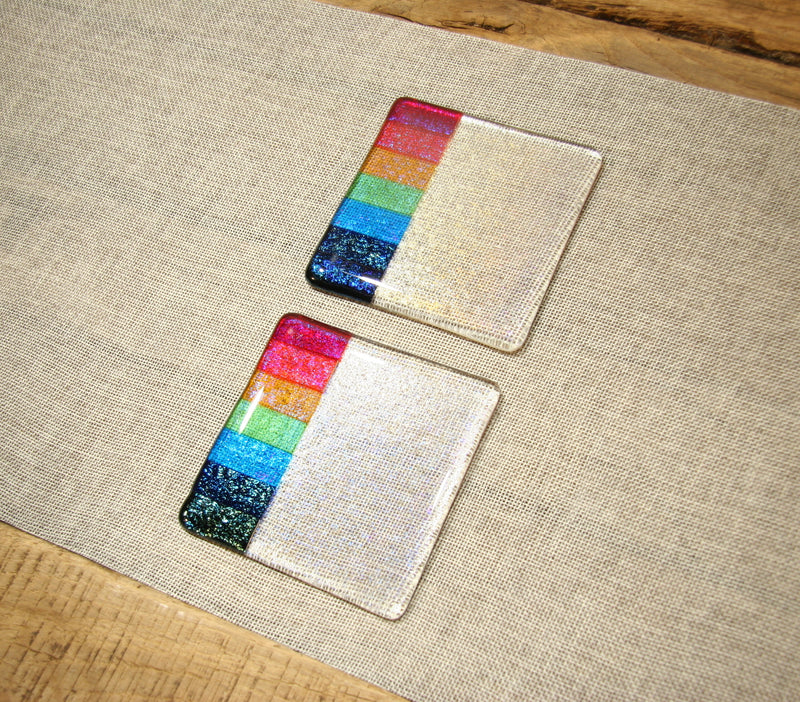 Rainbow design clear iridescent fused art glass coaster 100x100mm size