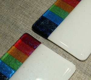 Rainbow design white iridescent fused art glass coaster 100x100mm size angled detail