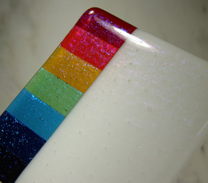 Rainbow design white iridescent fused art glass coaster 100x100mm size shimmer detail